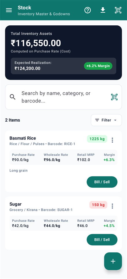 Stock and lots in Hisabnex