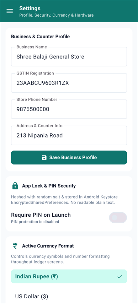 Settings in Hisabnex