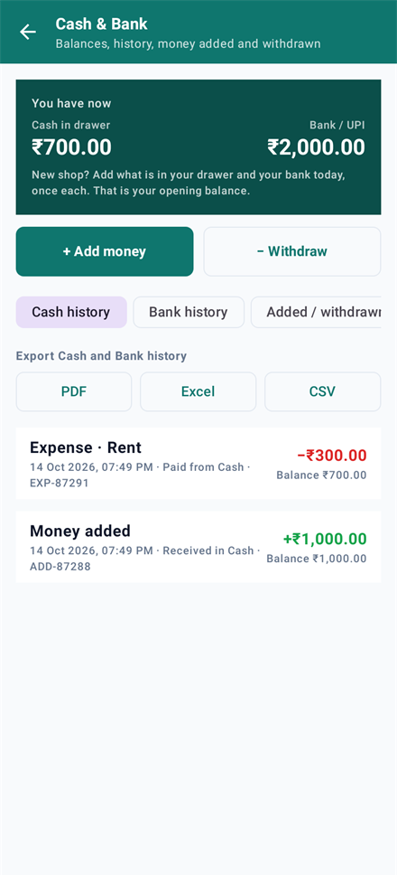 Cash and bank history of Hisabnex