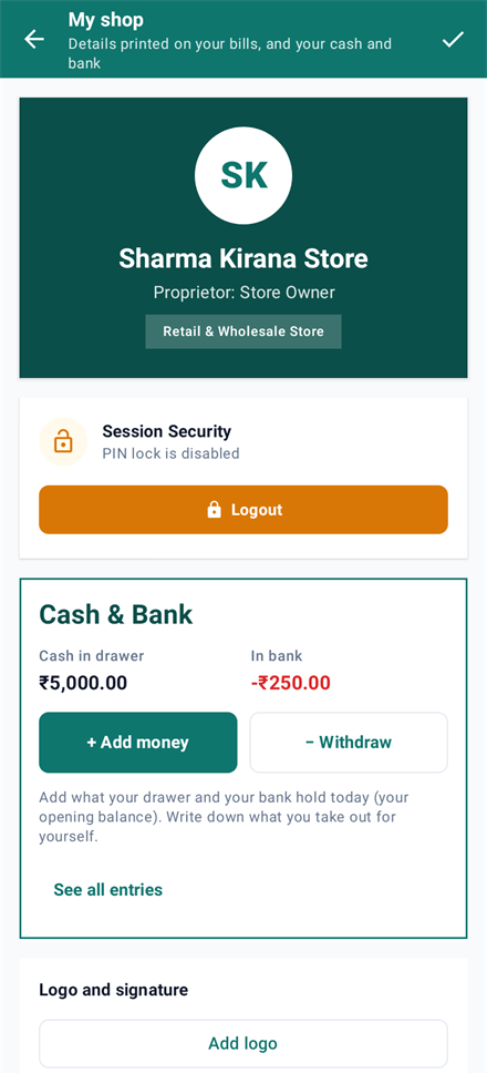 Shop details and Cash and Bank of Hisabnex